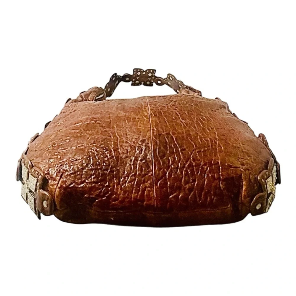 Charm & Luck Brown Textured Leather Embellished Silver & Rhinestone Hobo Bag